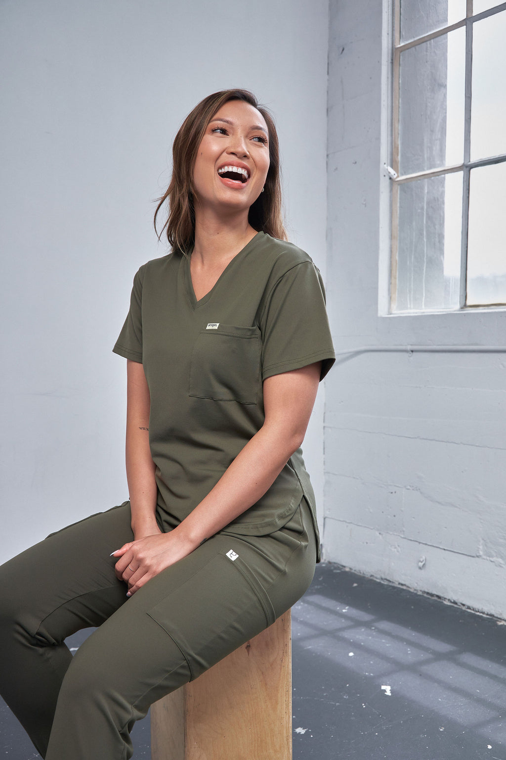 1 Pocket V Neck Scrub Top & 8 Pocket Jogger Scrub Pants | Olive Set