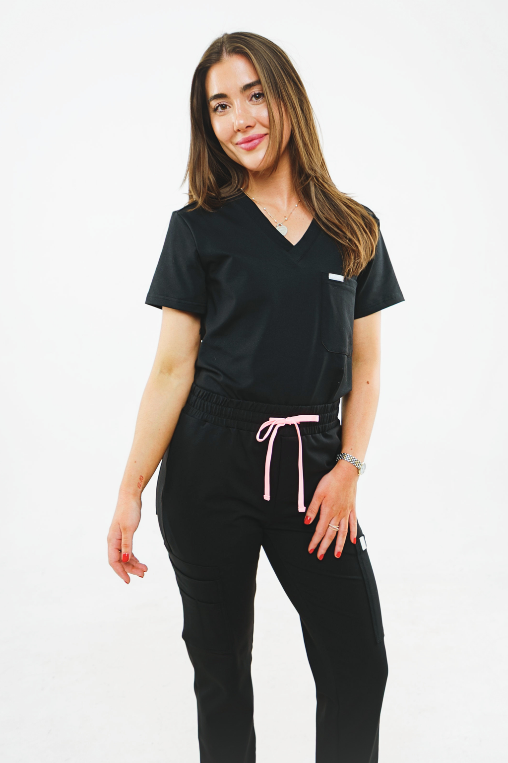 8-Pocket Jogger Scrub Pants with Pink Drawstring